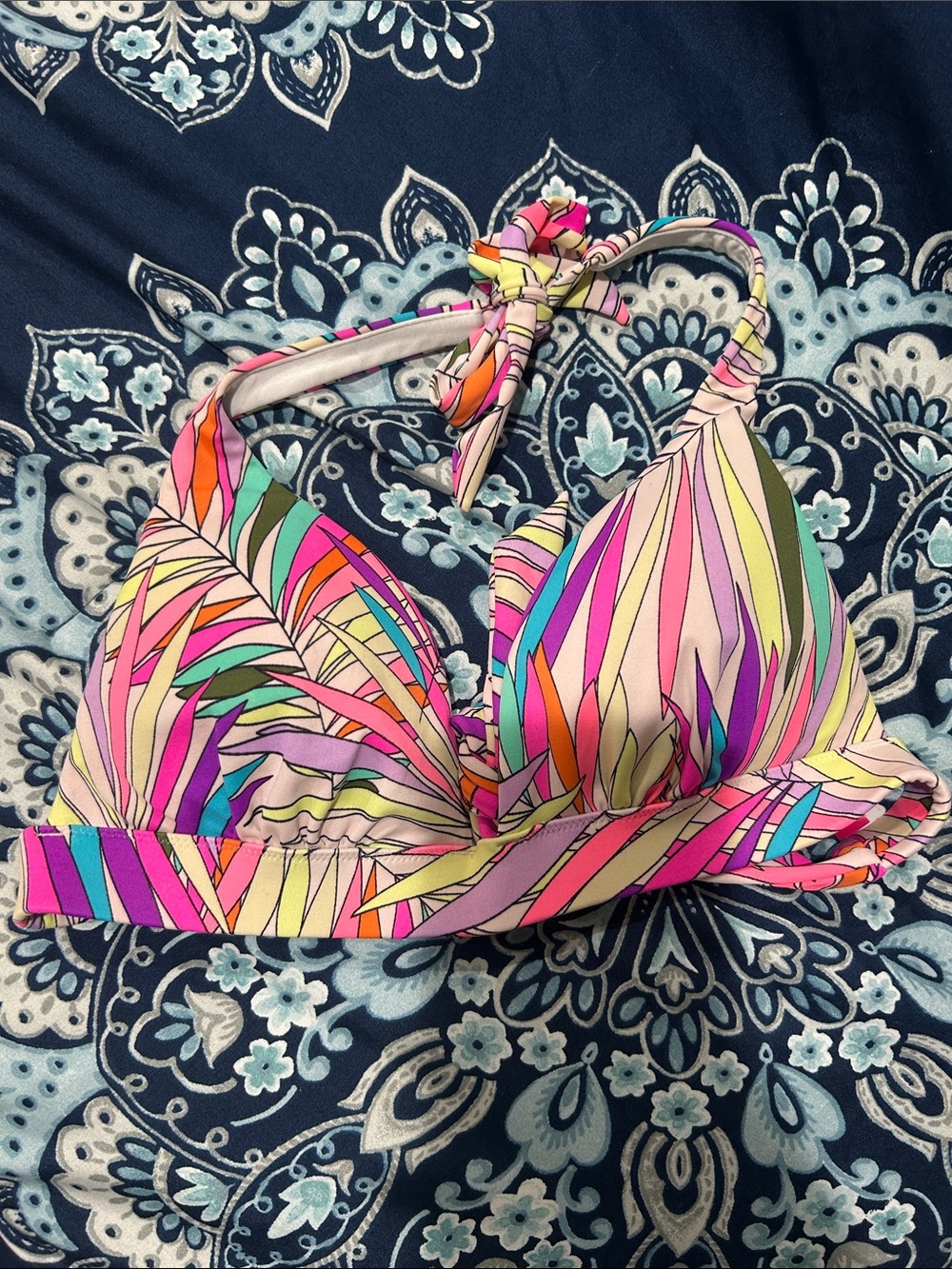 Colorful Leaf-Print Halter Bikini Top